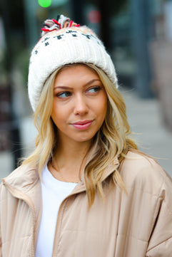 Cream Multicolor Cable Knit Pom-Pom Beanie