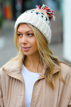 Cream Multicolor Cable Knit Pom-Pom Beanie