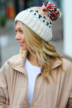 Cream Multicolor Cable Knit Pom-Pom Beanie