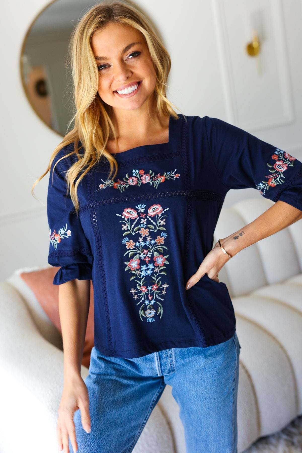 Keep You Close Navy Floral Embroidery Square Neck Blouse