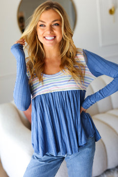 Blue Multicolor Stripe Rib Knit V Neck Babydoll Top