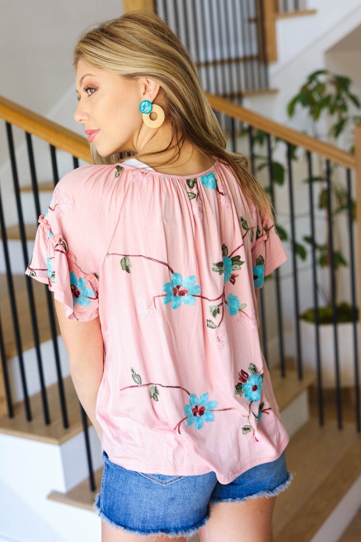 Remember Me Pink Floral Embroidery Flutter Sleeve Top