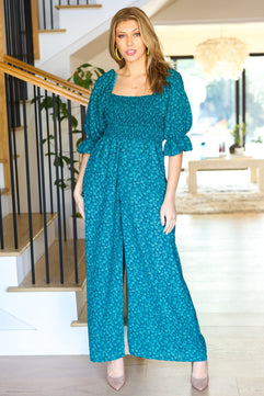 Feeling Femme Teal Floral Smocked Wide Leg Jumpsuit