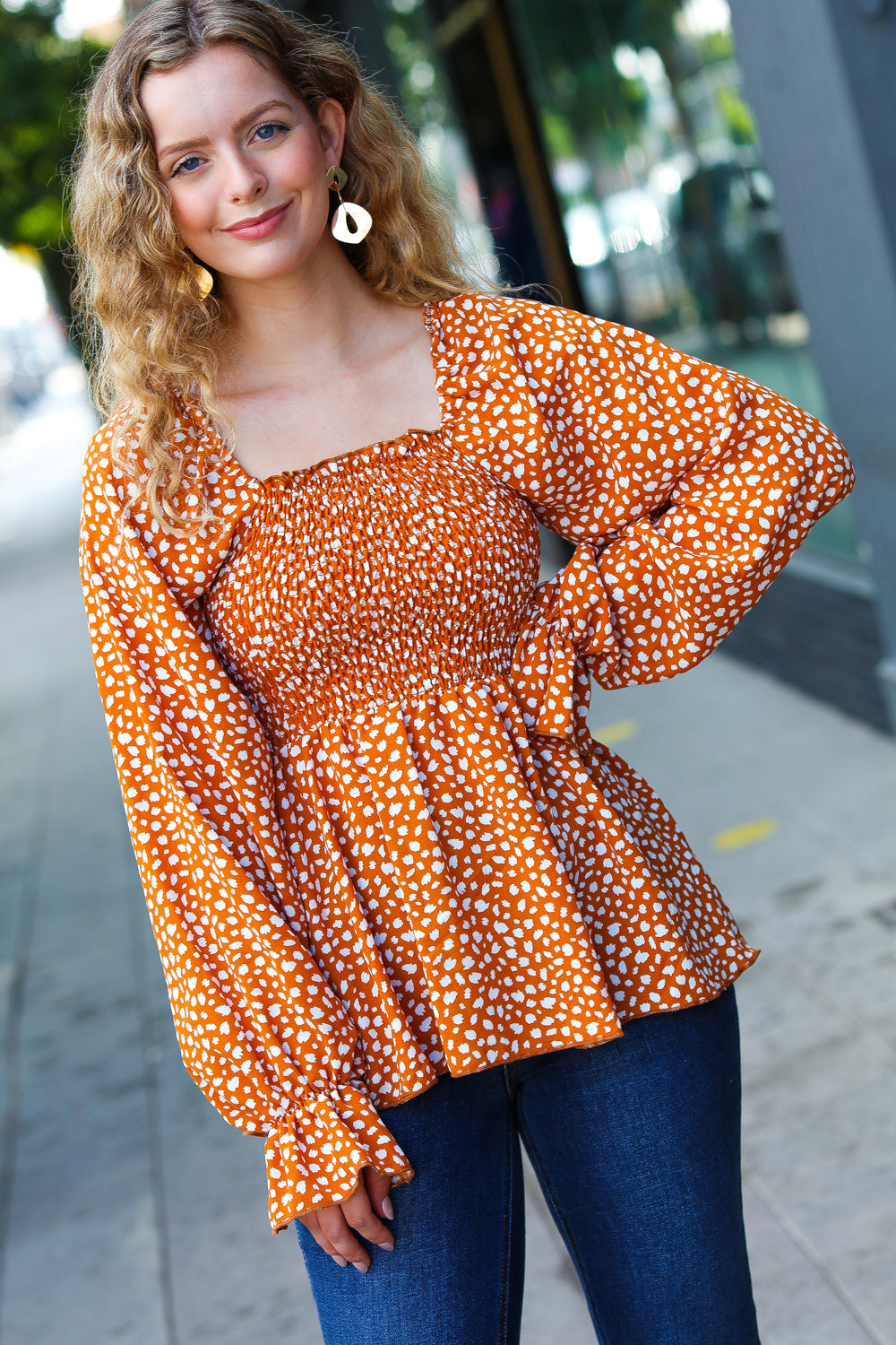 Rust Leopard Print Smocked Ruffle Hem Top