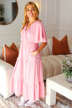 Take You Away Pink Elastic V Neck Tiered Maxi Dress