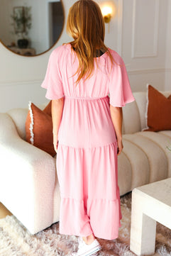 Take You Away Pink Elastic V Neck Tiered Maxi Dress