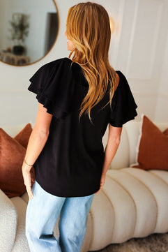 Feel The Love Black Double Ruffle Sleeve Square Neck Ribbed Top