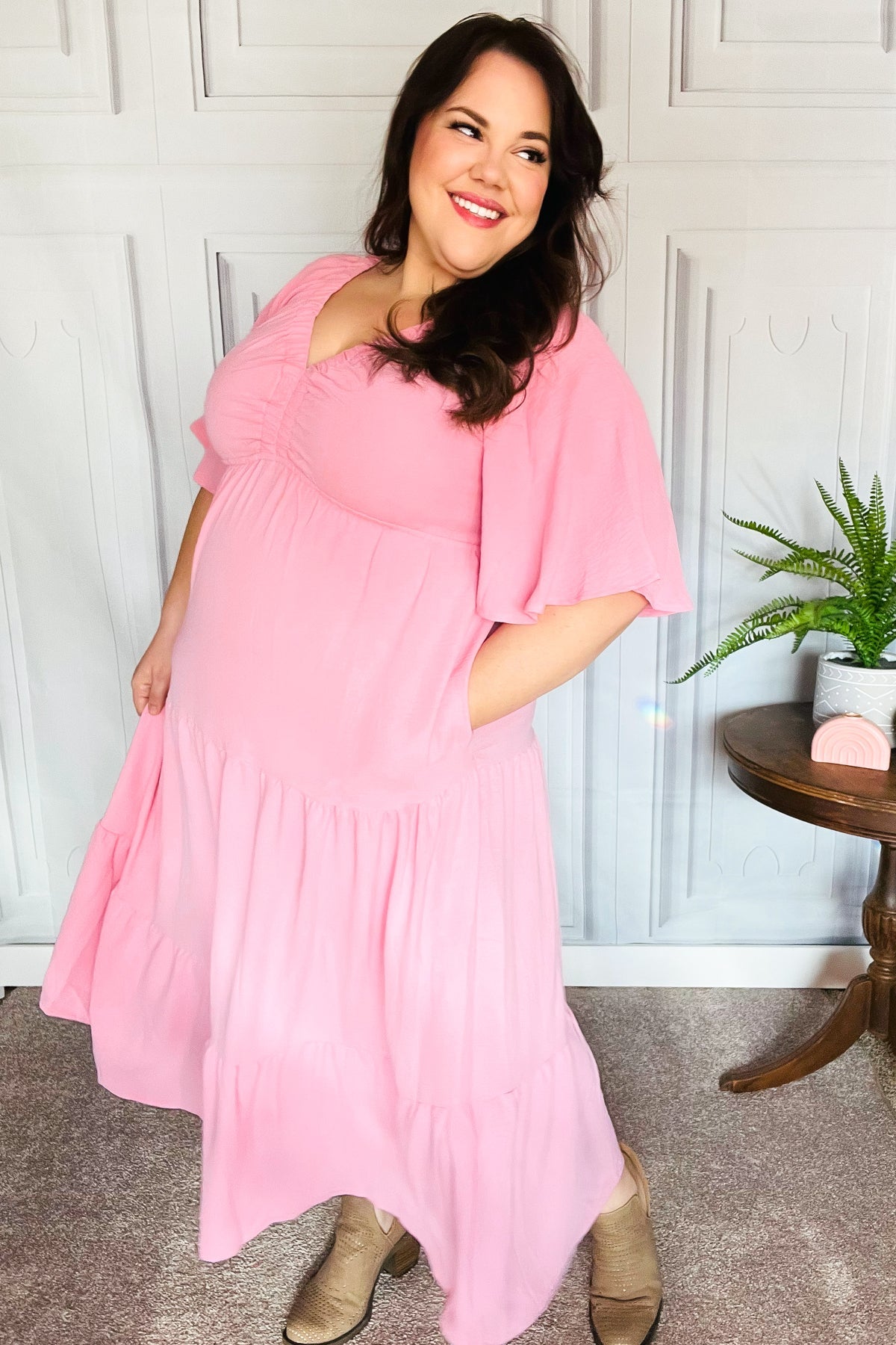 Take You Away Pink Elastic V Neck Tiered Maxi Dress