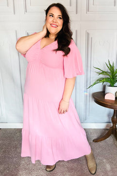 Take You Away Pink Elastic V Neck Tiered Maxi Dress