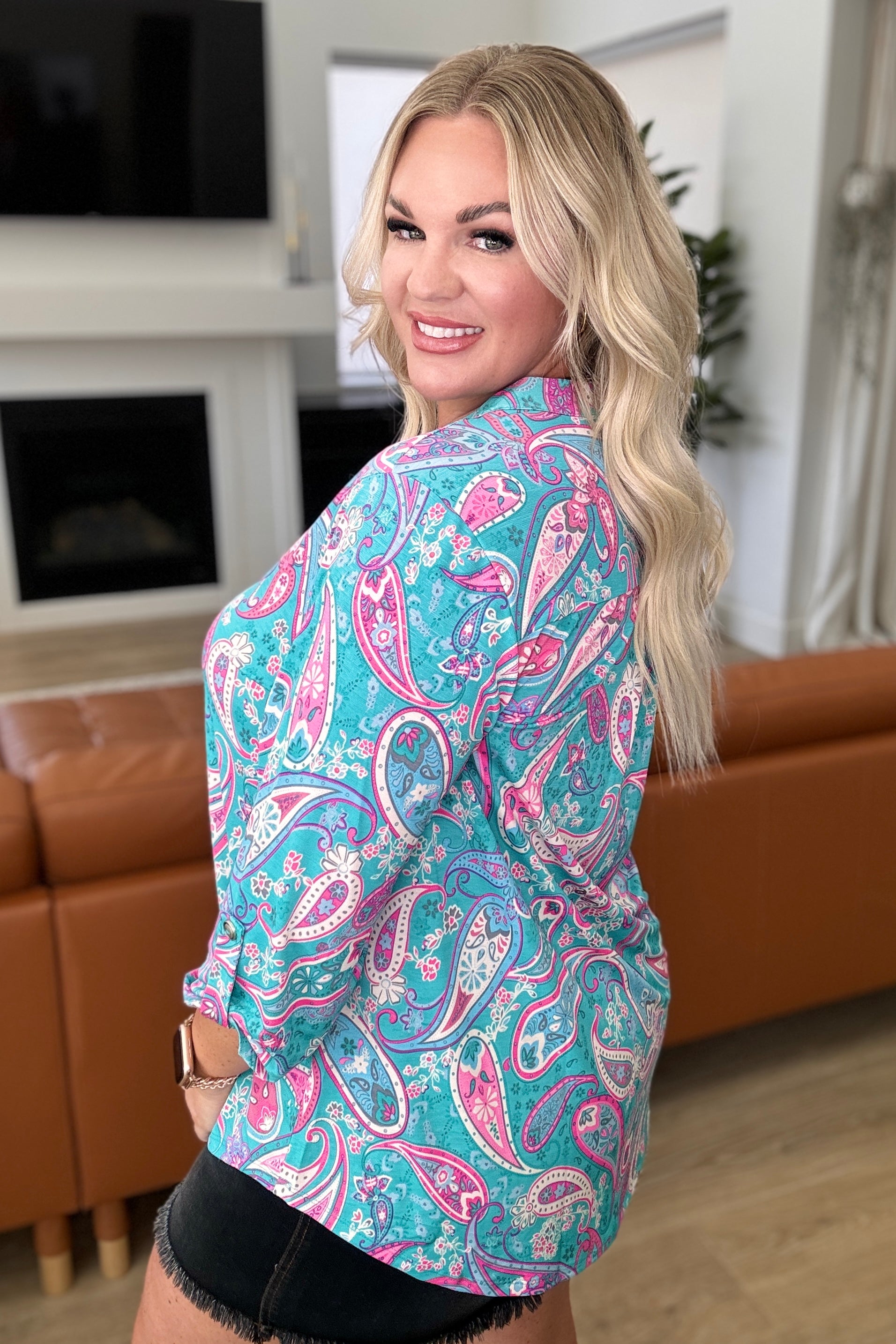 Lizzy Top in Aqua and Pink Paisley