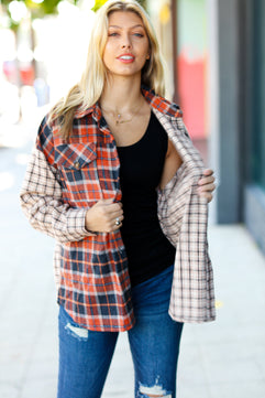 Calling On You Rust & Taupe Plaid Color Block Shacket