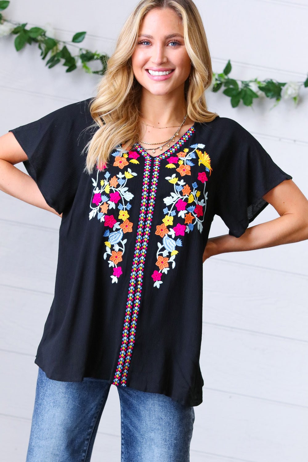 Black Floral Embroidered Flutter Sleeve Top - Molliee Boutique