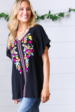 Black Floral Embroidered Flutter Sleeve Top - Molliee Boutique