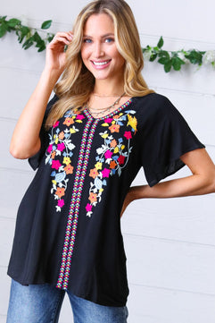 Black Floral Embroidered Flutter Sleeve Top - Molliee Boutique