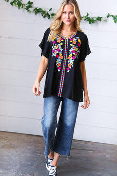 Black Floral Embroidered Flutter Sleeve Top - Molliee Boutique