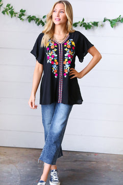 Black Floral Embroidered Flutter Sleeve Top - Molliee Boutique