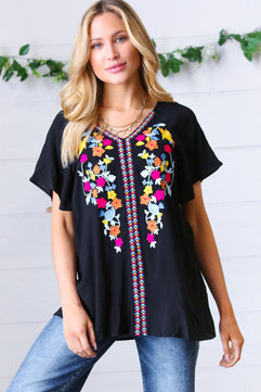 Black Floral Embroidered Flutter Sleeve Top - Molliee Boutique