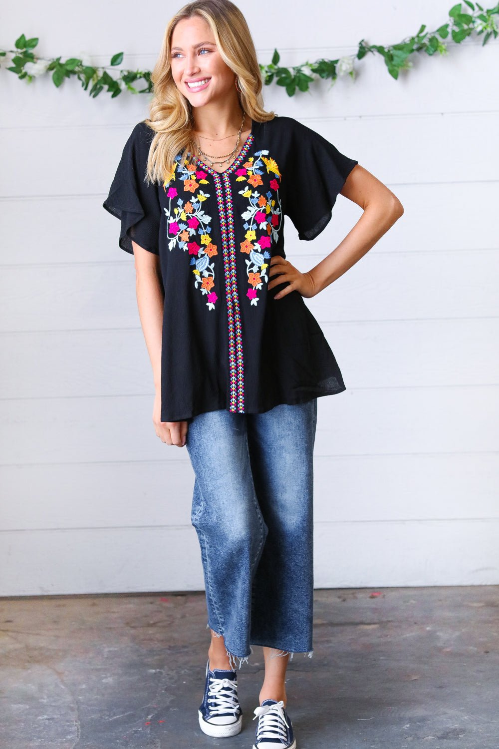 Black Floral Embroidered Flutter Sleeve Top - Molliee Boutique