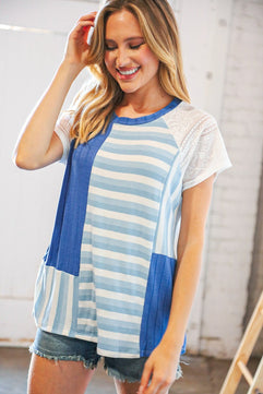 Blue Rib Terry Lace & Stripe Color Block Top - Molliee Boutique