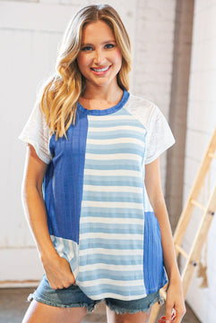 Blue Rib Terry Lace & Stripe Color Block Top - Molliee Boutique