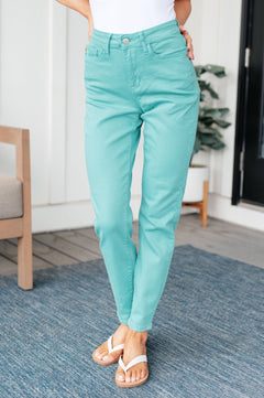 Bridgette High Rise Garment Dyed Slim Jeans in Aquamarine - Molliee Boutique