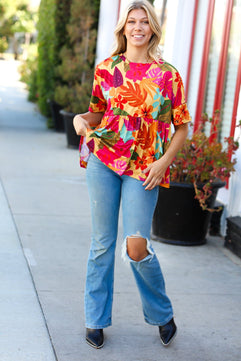 Burnt Orange Drop Shoulder Floral Babydoll Top - Molliee Boutique