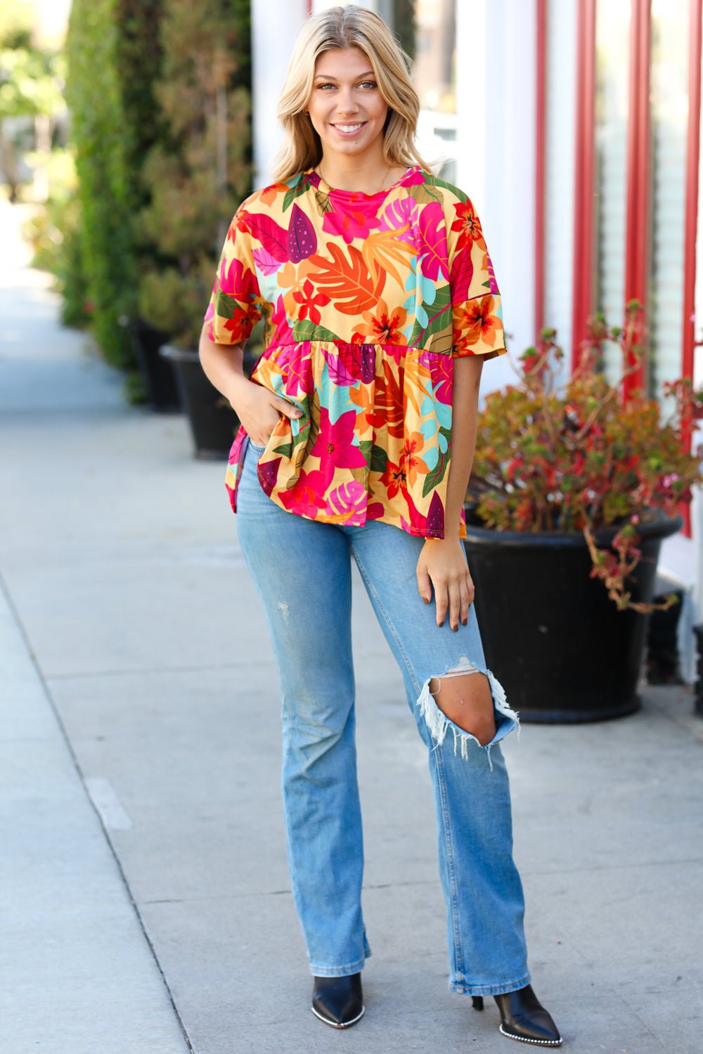 Burnt Orange Drop Shoulder Floral Babydoll Top - Molliee Boutique