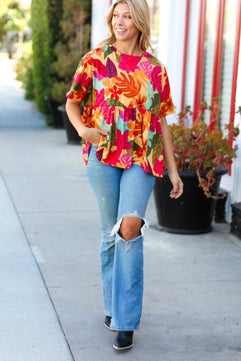 Burnt Orange Drop Shoulder Floral Babydoll Top - Molliee Boutique