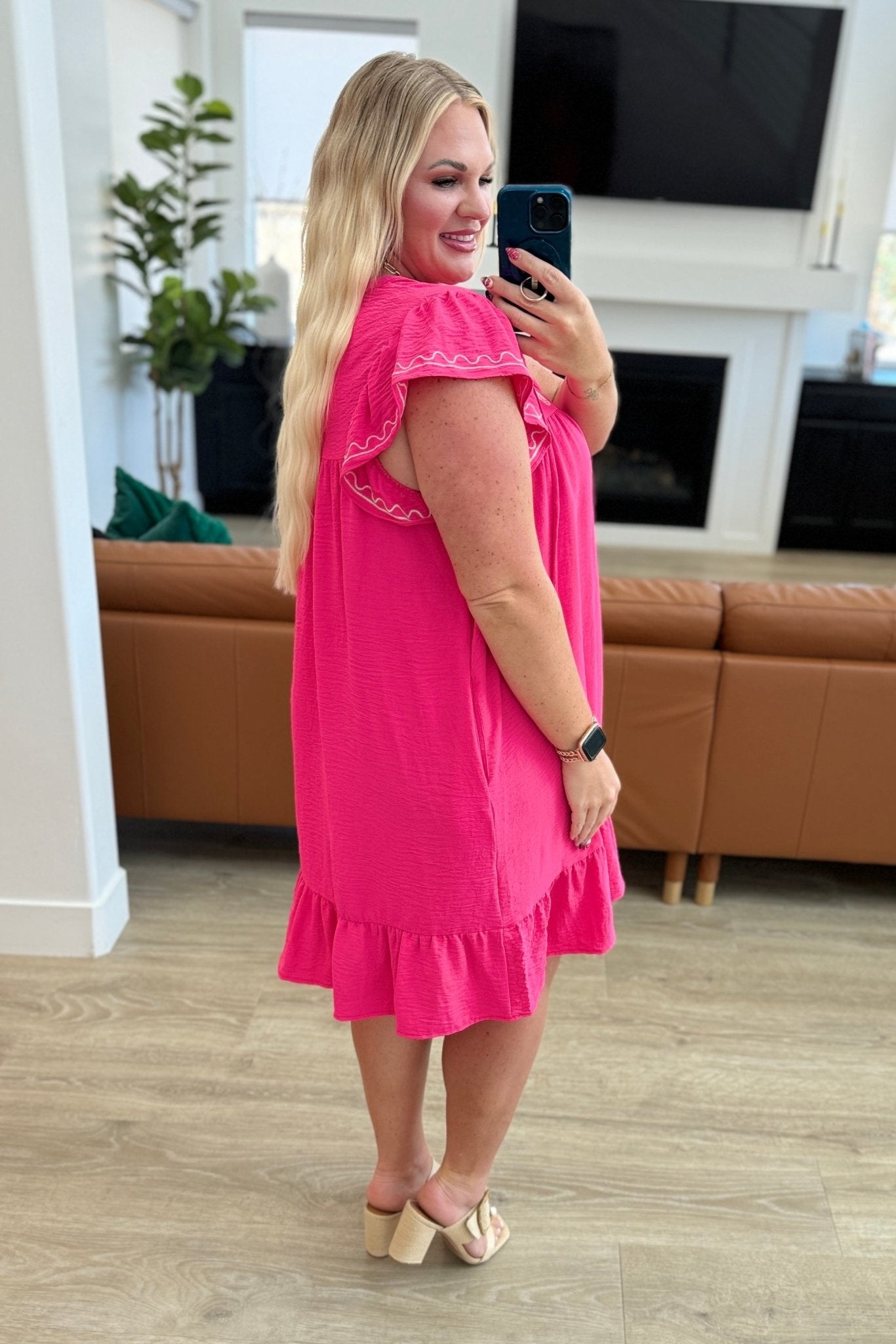 Carnival Flutter Sleeve Dress In Hot Pink - Molliee Boutique