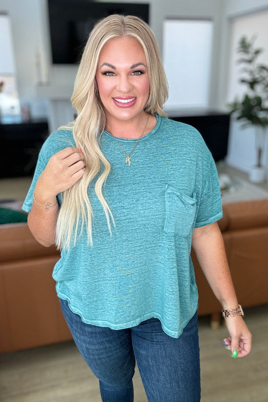 Close to Myself Patch Pocket Tee in Dusty Teal - Molliee Boutique