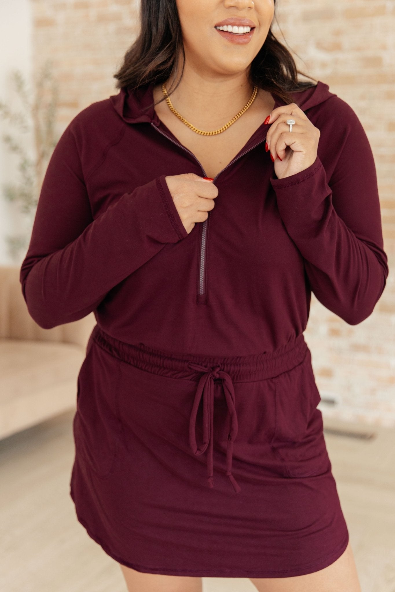 Getting Out Long Sleeve Hoodie Romper in Maroon - Molliee Boutique