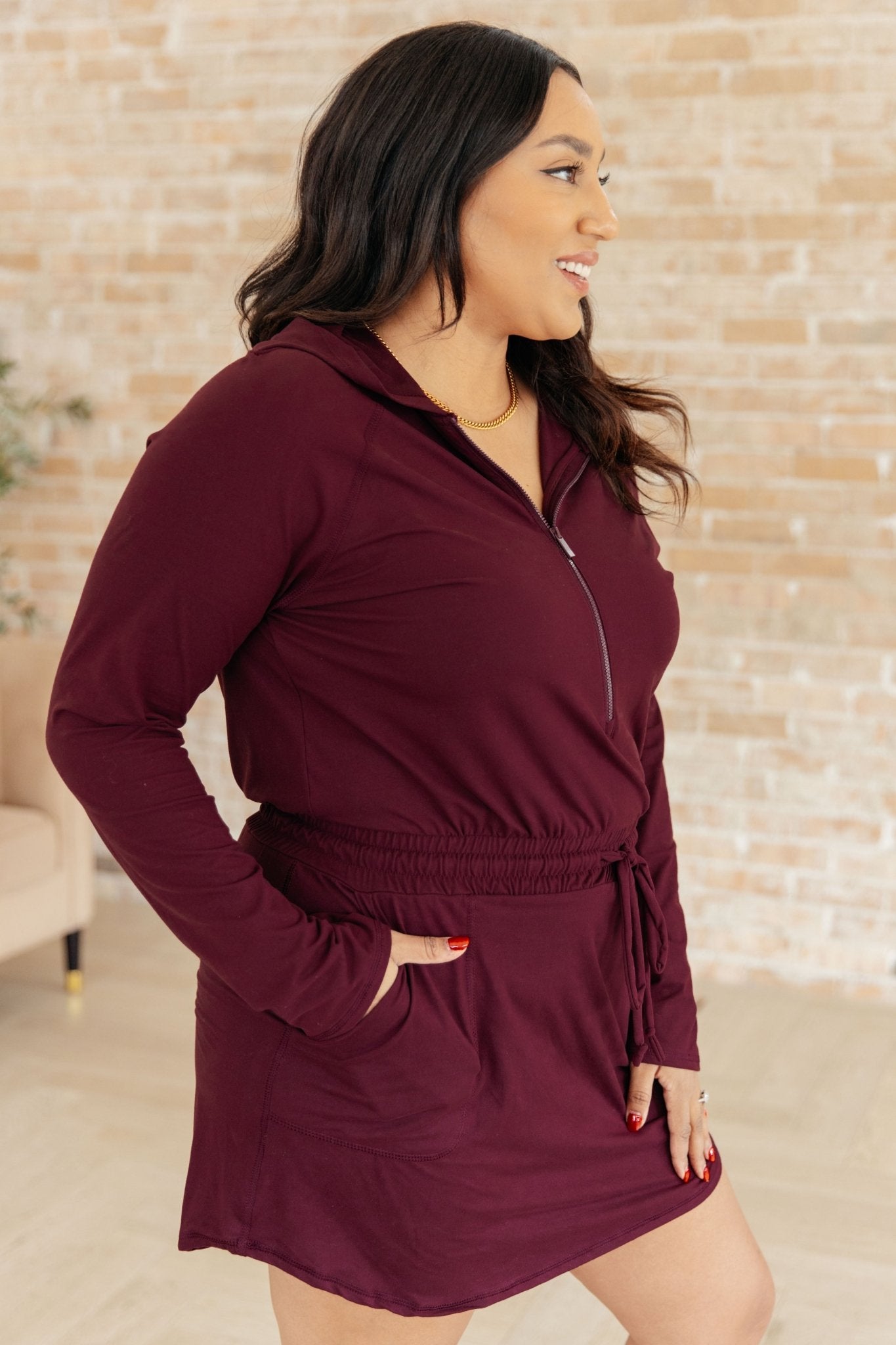 Getting Out Long Sleeve Hoodie Romper in Maroon - Molliee Boutique