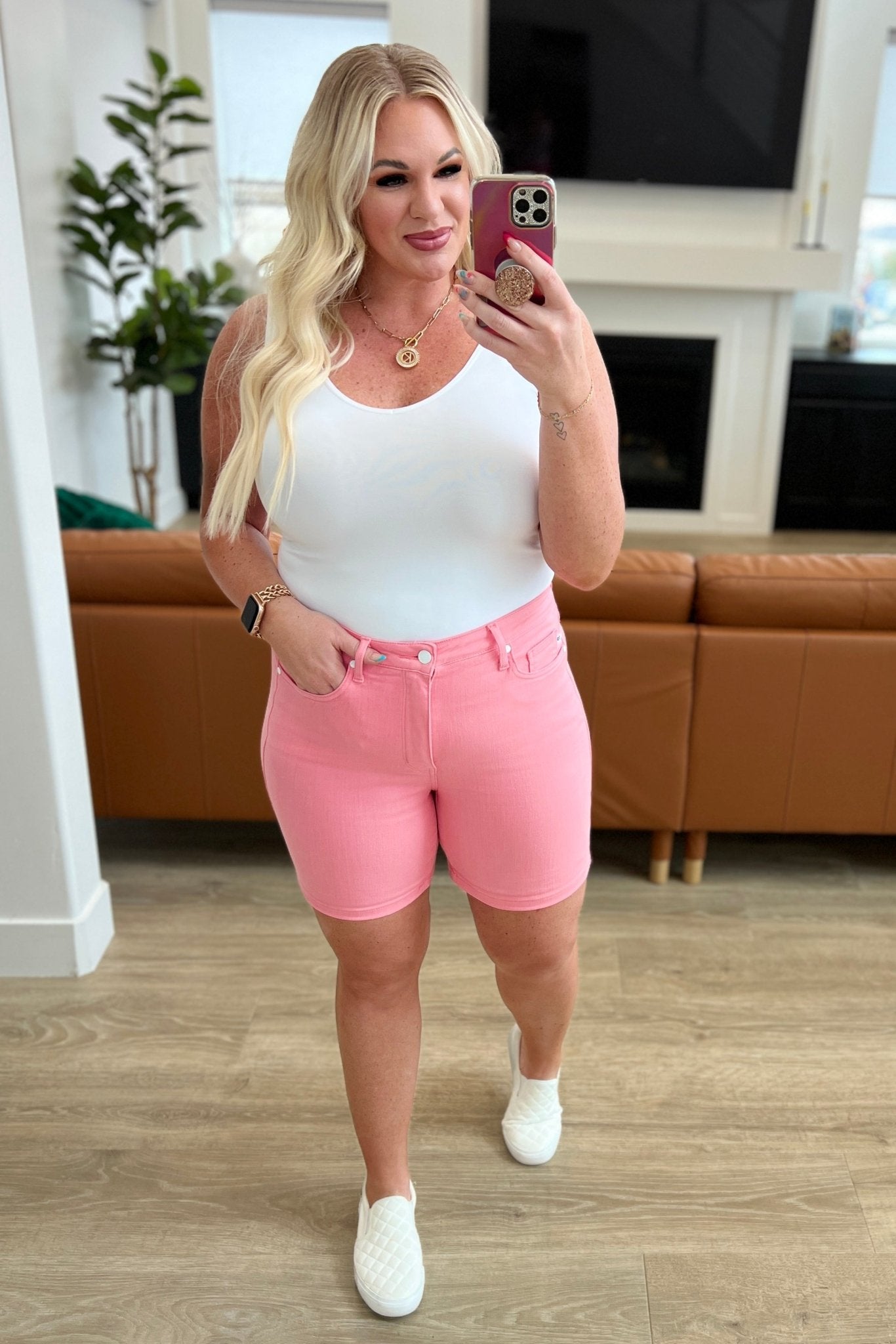 Jenna High Rise Control Top Cuffed Shorts in Pink - Molliee Boutique