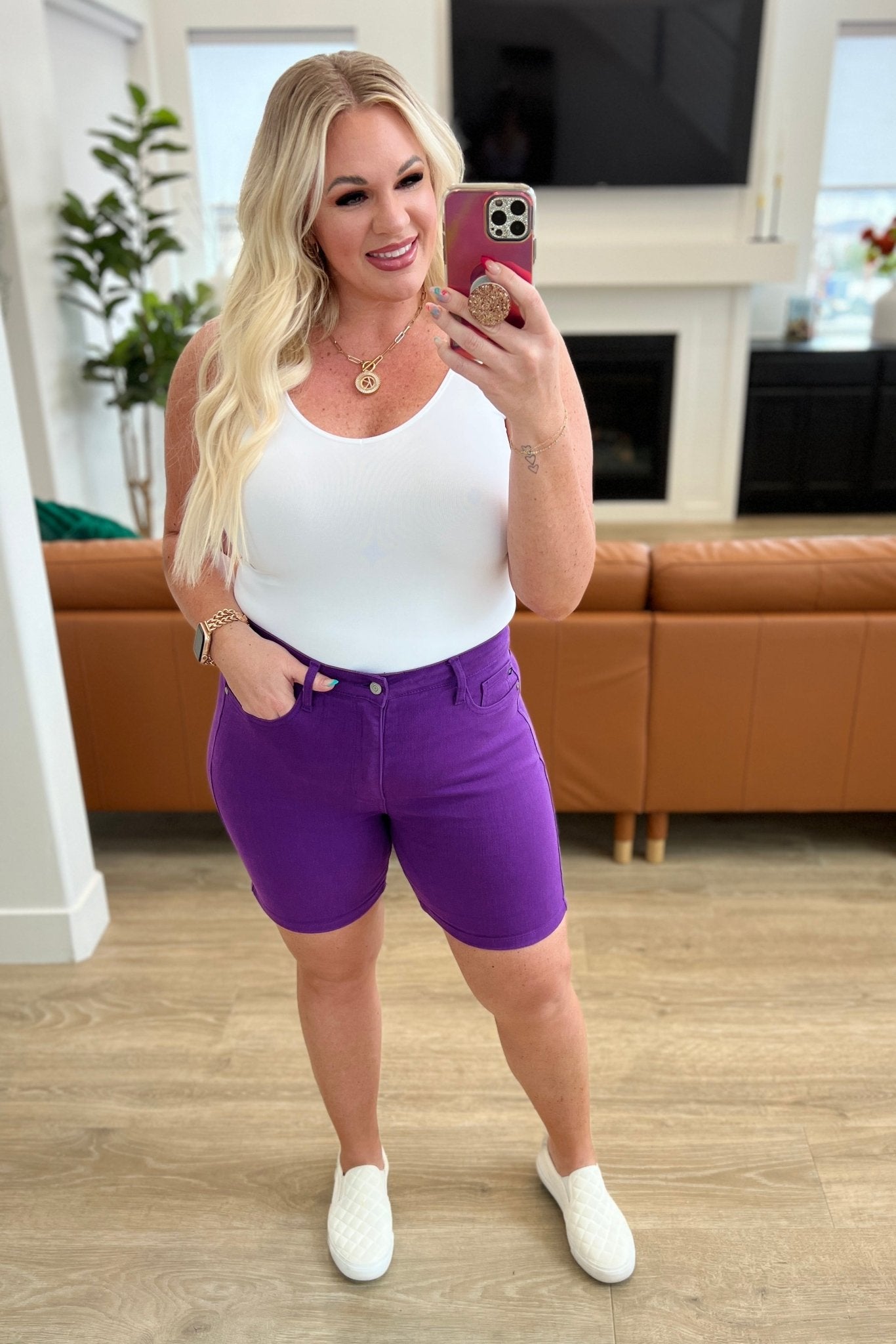 Jenna High Rise Control Top Cuffed Shorts in Purple - Molliee Boutique