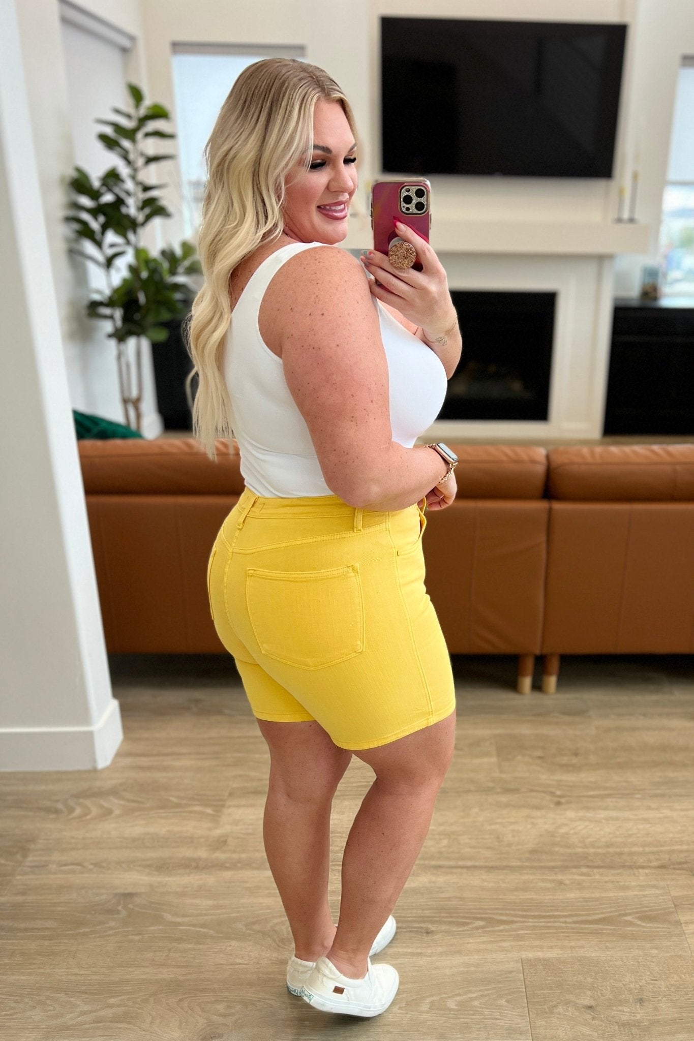 Jenna High Rise Control Top Cuffed Shorts in Yellow - Molliee Boutique