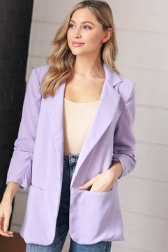 Lavender Notched Lapel Ruched Sleeve Blazer - Molliee Boutique