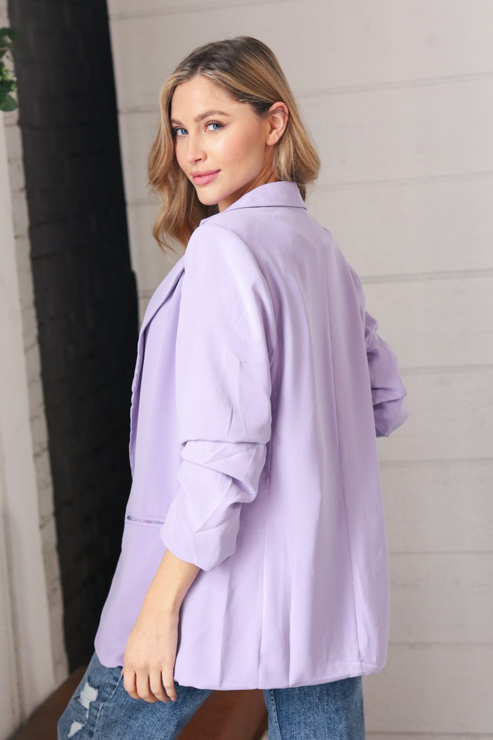 Lavender Notched Lapel Ruched Sleeve Blazer - Molliee Boutique