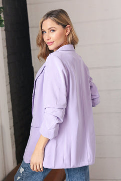 Lavender Notched Lapel Ruched Sleeve Blazer - Molliee Boutique