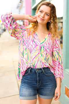 Life's A Party Fuchsia & Yellow Abstract Print V Neck Top - Molliee Boutique