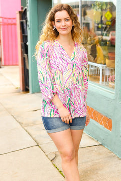 Life's A Party Fuchsia & Yellow Abstract Print V Neck Top - Molliee Boutique