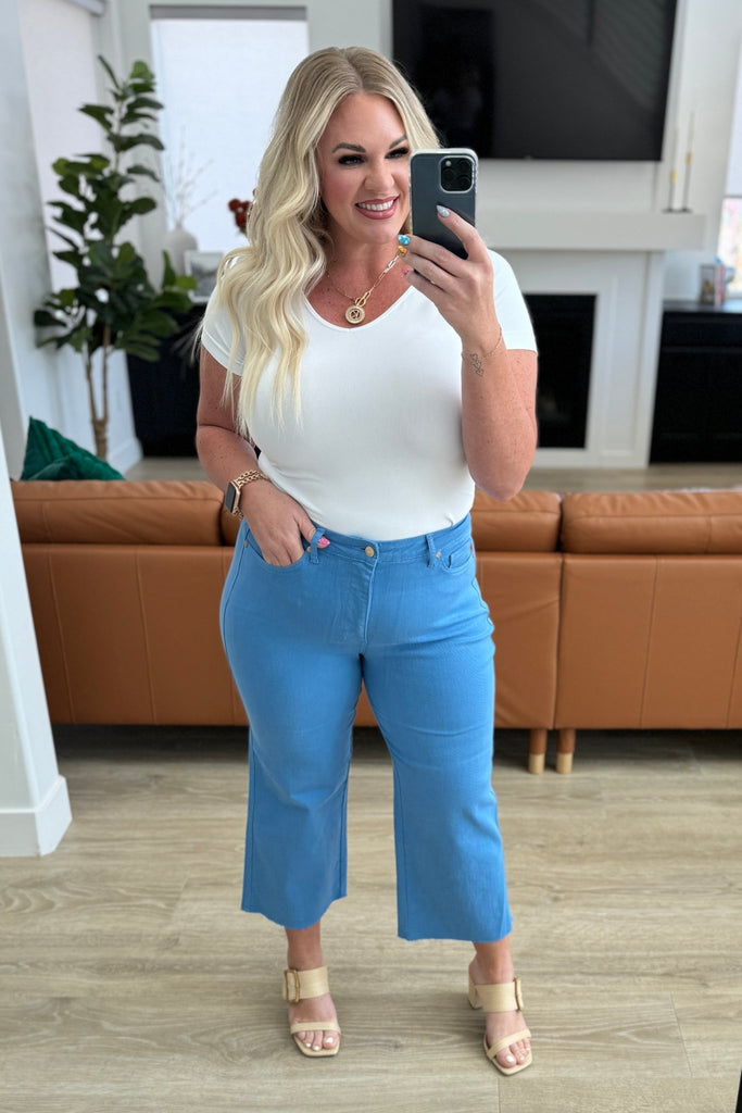 Lisa High Rise Control Top Wide Leg Crop Jeans in Sky Blue - Molliee Boutique