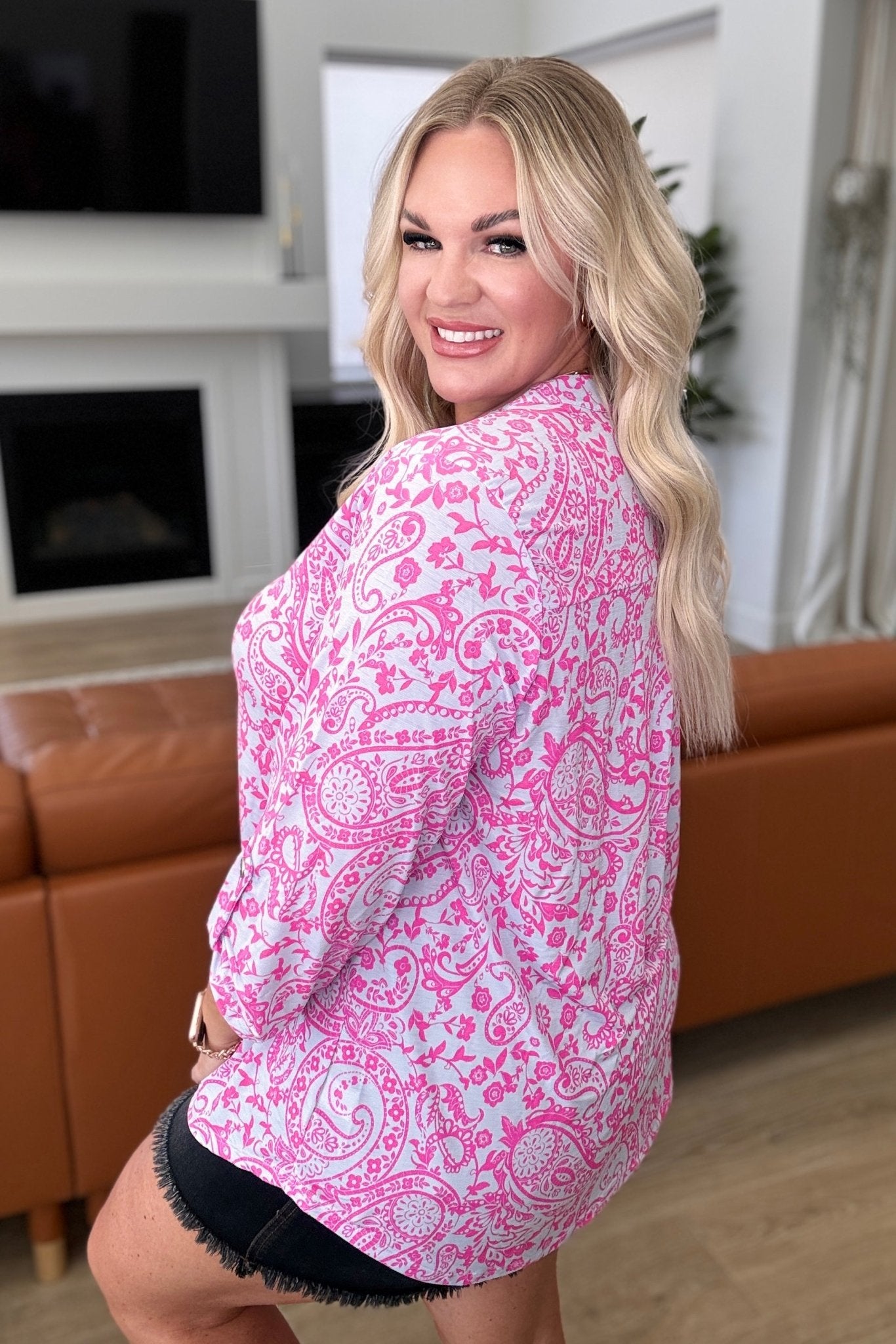 Lizzy Top in Blue and Pink Paisley - Molliee Boutique