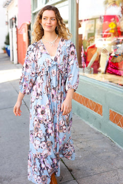 Longing For You Powder Blue Floral V Neck Ruffle Maxi Dress - Molliee Boutique