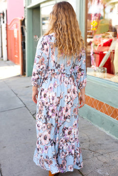 Longing For You Powder Blue Floral V Neck Ruffle Maxi Dress - Molliee Boutique