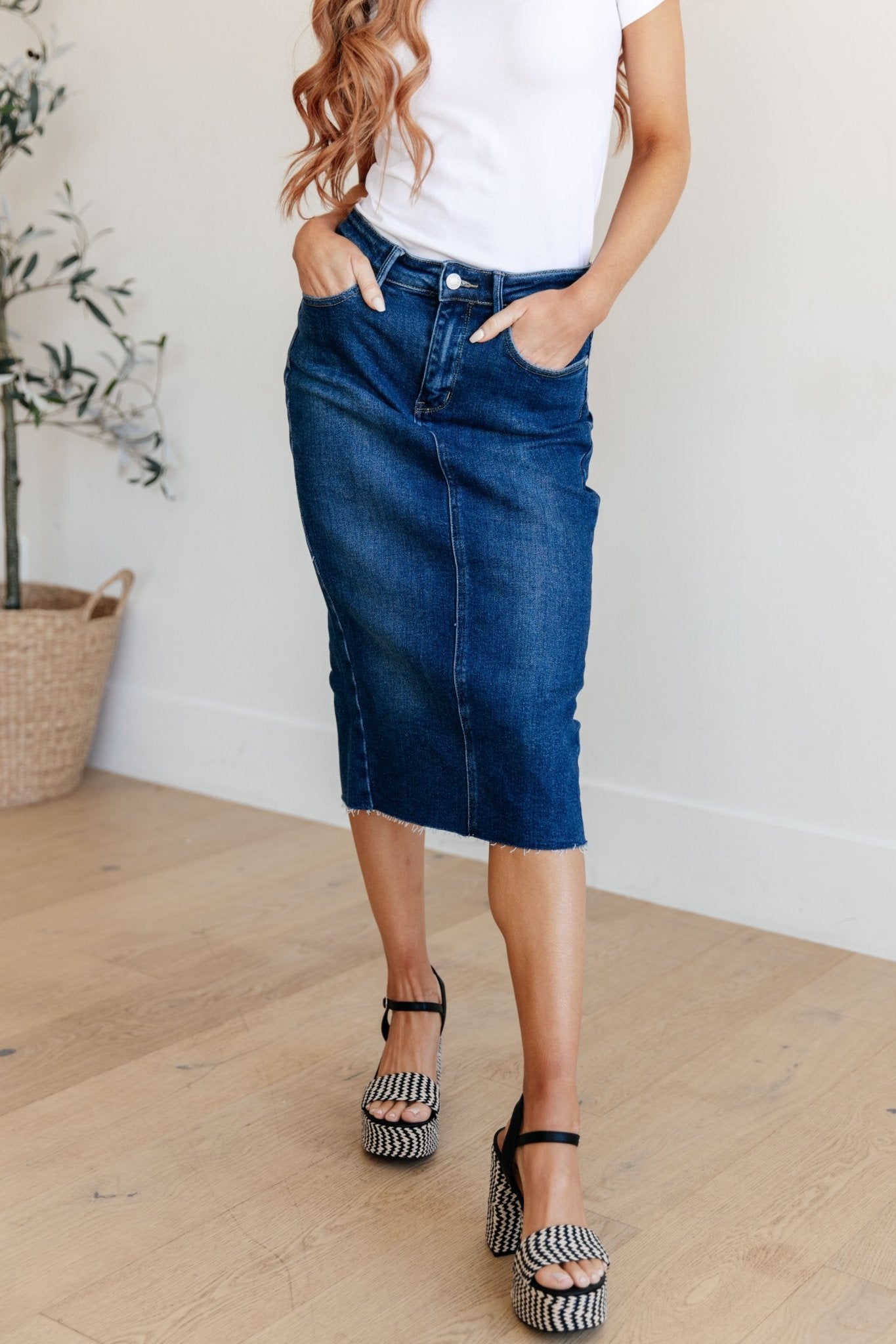 Marcy High Rise Denim Midi Skirt - Molliee Boutique