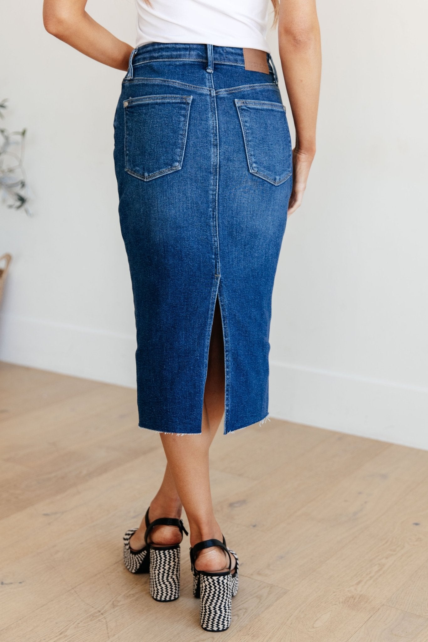 Marcy High Rise Denim Midi Skirt - Molliee Boutique