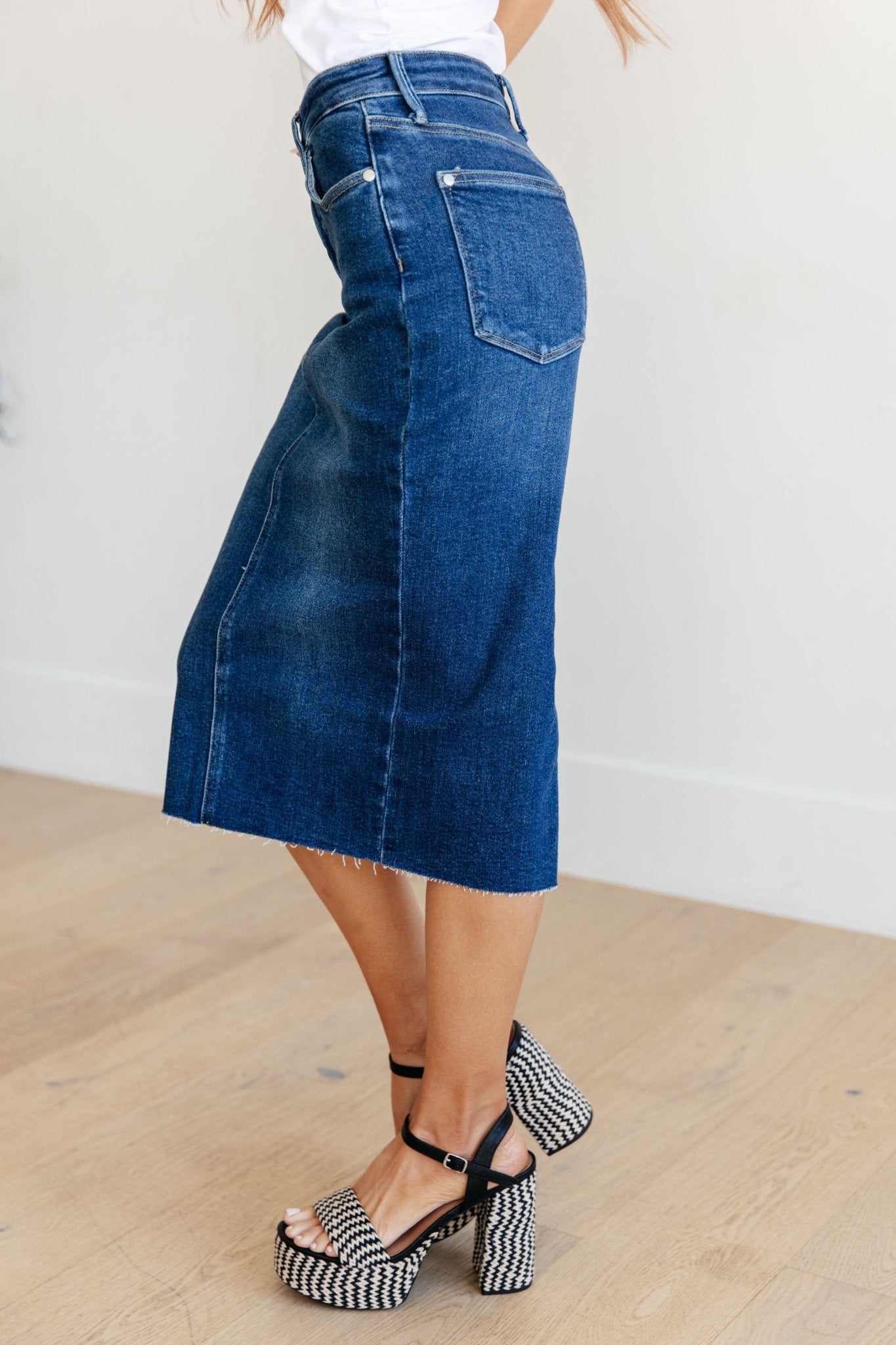 Marcy High Rise Denim Midi Skirt - Molliee Boutique