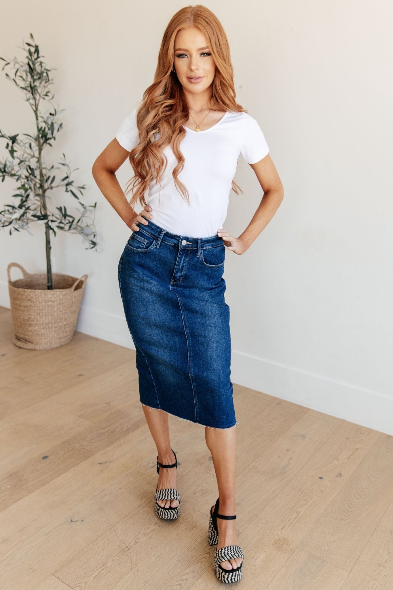 Marcy High Rise Denim Midi Skirt - Molliee Boutique