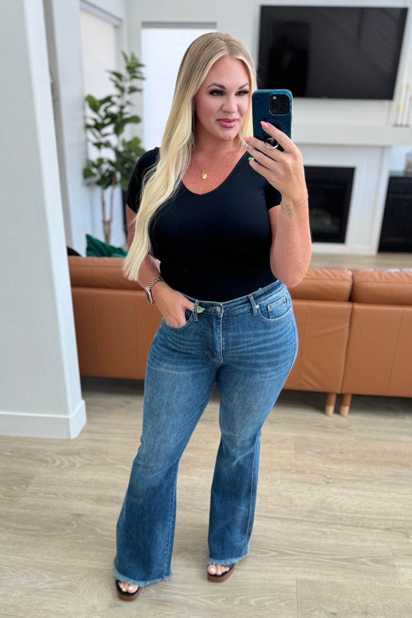 Miley High Waist Control Top Frayed Hem Flare Jeans - Molliee Boutique