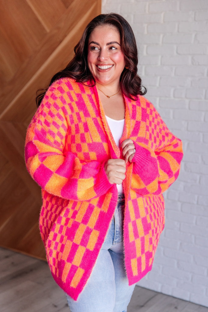 Noticed in Neon Checkered Cardigan in Pink and Orange - Molliee Boutique